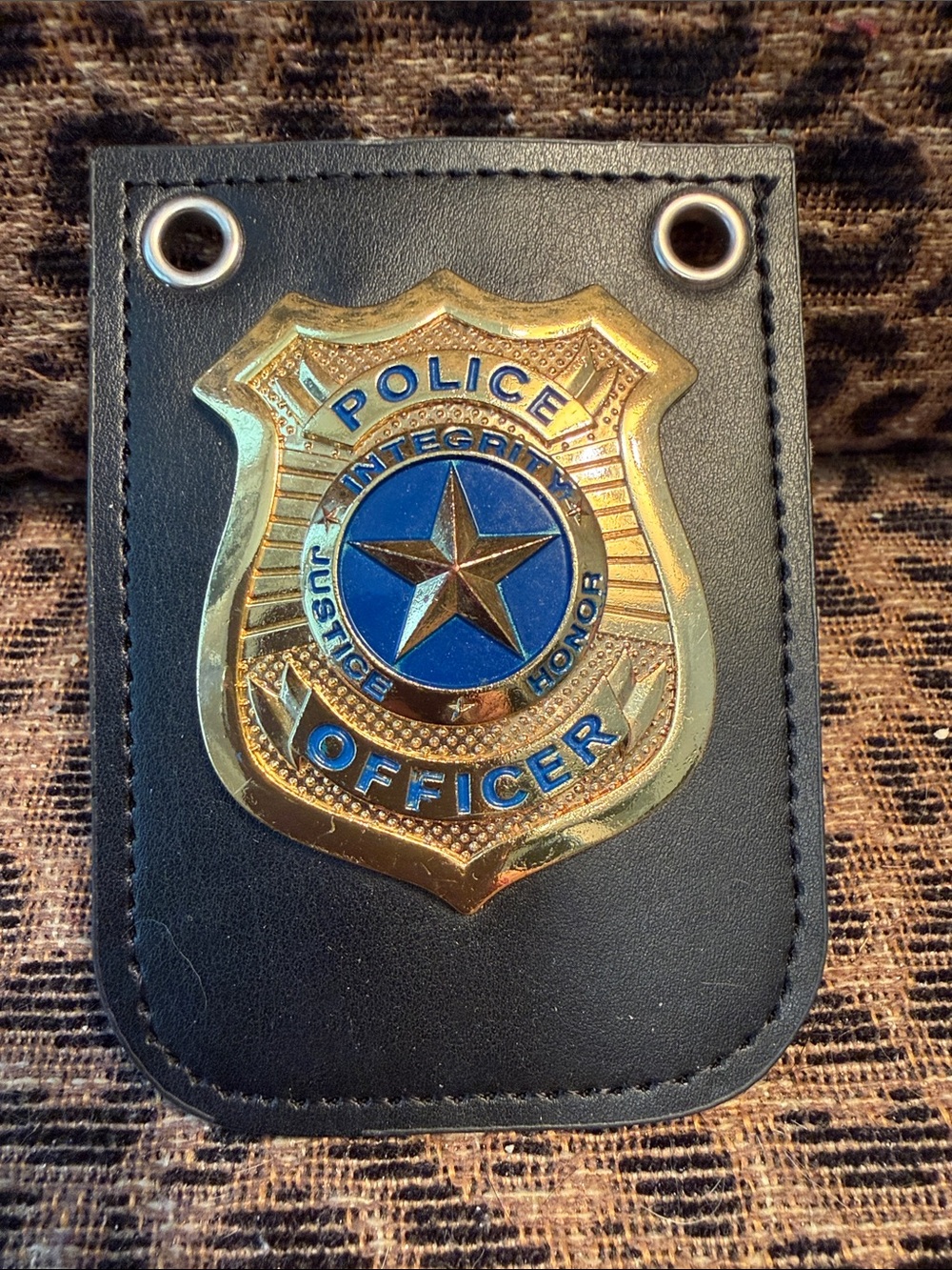 Police Officer Shield Badge on Black Leather Badge Holder